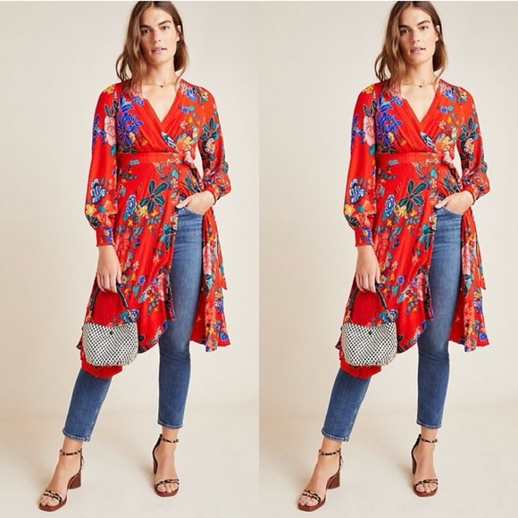 Anthropologie Red Floral Boswell Midi Dress 8
